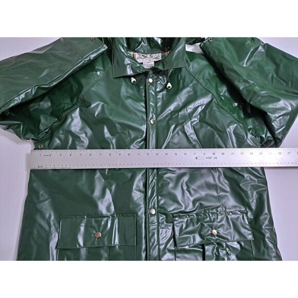 Duck Bay Raincoat PVC Rain Jacket Mens Medium Hooded Insulated Plaid Lined Green - Picture 10 of 12